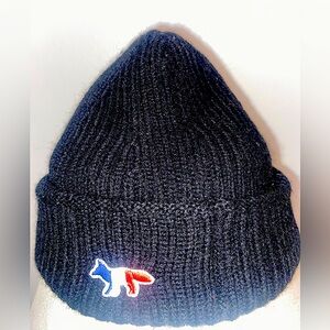 Maison Kitsuné Unisex Black Ribbed Wool Beanie with Tricolor Fox